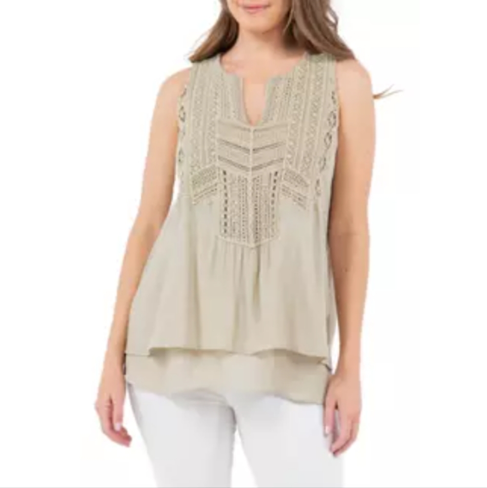 John Paul Richard Women's Double Layer Leno Gauze Top with Lace Yoke Size Medium
